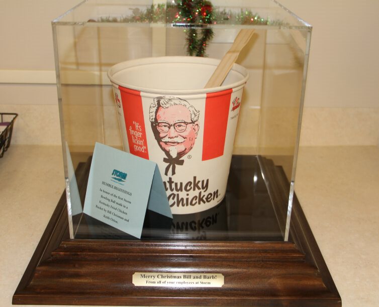 KFC bucket thatwas used to pour the first bowling ball at Storm